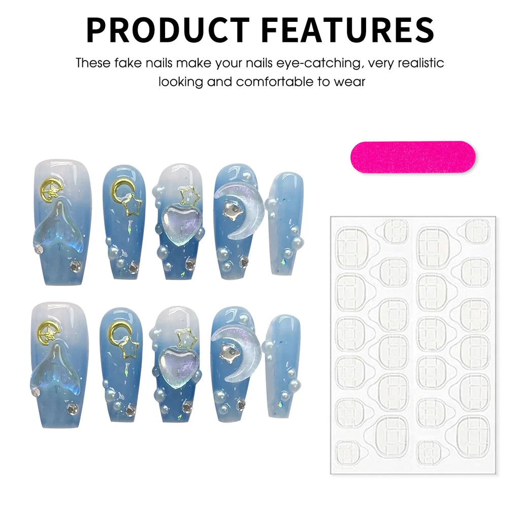 3D Star Moon Press On Nails – Gradient Blue Fairy Style