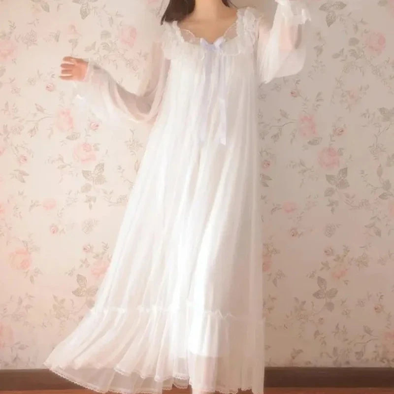 Women's Lace Mesh Nightgown – Bow Long-Sleeve Nightdress