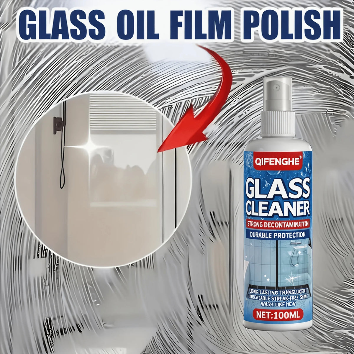 QIFENGHE Glass Cleaner Spray – Shower Door & Hard Water Stains