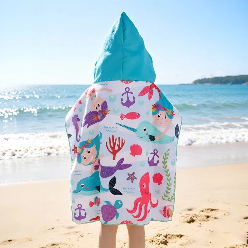 Kids Quick-Dry Beach Towel Robe | Cartoon Poncho Ages 7–13