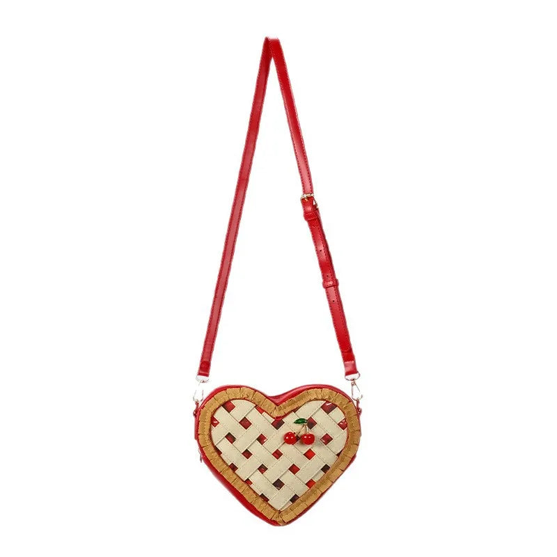 Sweet Love Hearts Shaped Crossbody Bag Women Cute Cherry Ornament Red
