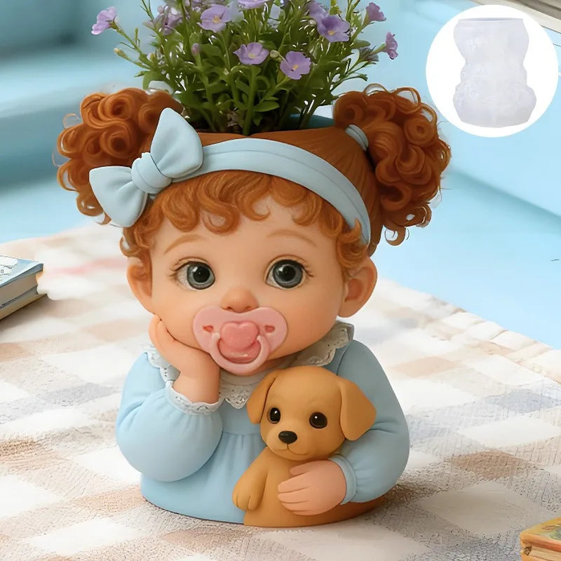 3D Cute Baby Dog Silicone Mold DIY Resin Vase Gypsum Pot Candle