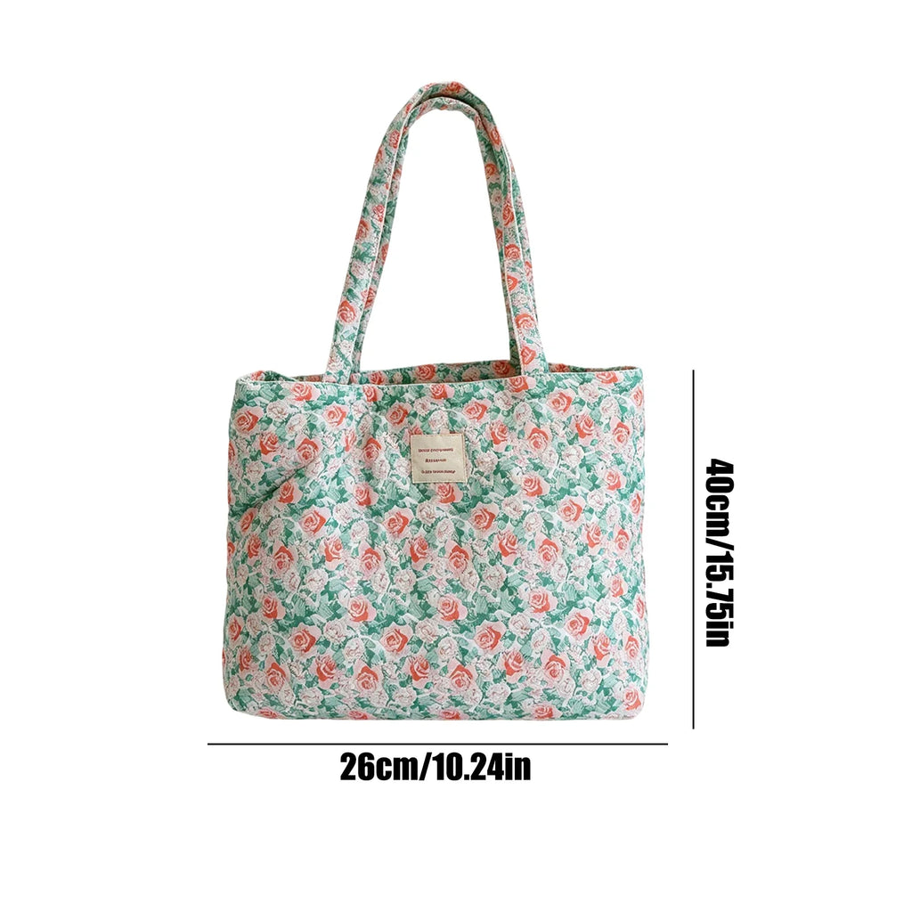 Women Quilted Cotton Laptop Work Tote Bag Lightweight Flower Print