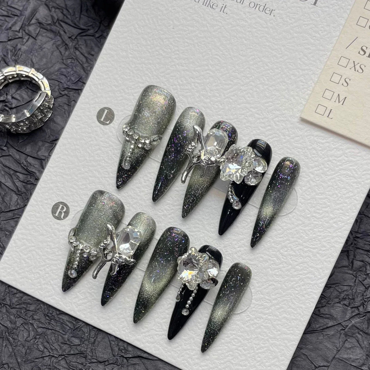Gothic Black Silver Press-On Nails | Long Crystal Stiletto Set