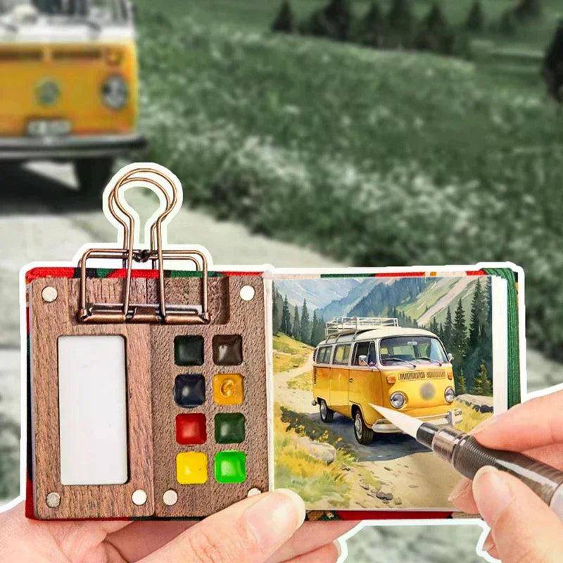 Mini Walnut Wood Watercolor Palette Portable Paint Box Clip Travel
