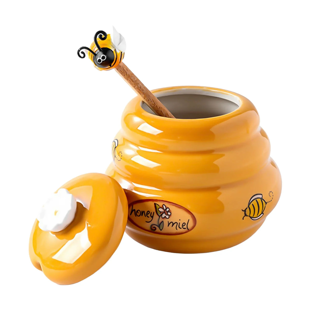 Ceramic Honey Jar with Lid & Wooden Stirring Stick