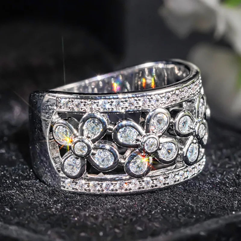 Huitan CZ Flower Ring for Women – Hollow Brass Wedding Band
