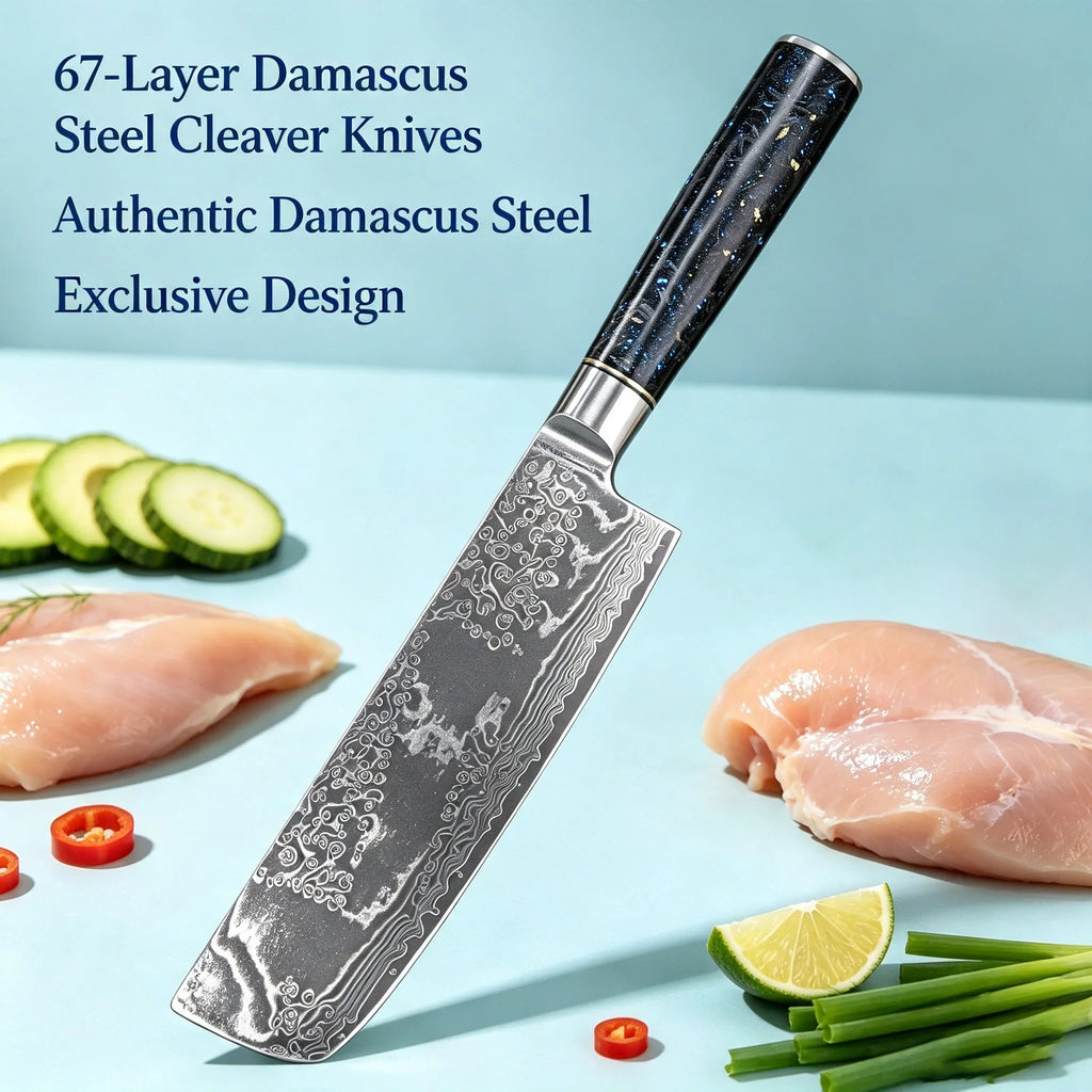 67-Layer Damascus Steel Nakiri Knife – Sharp Chef's Cleaver