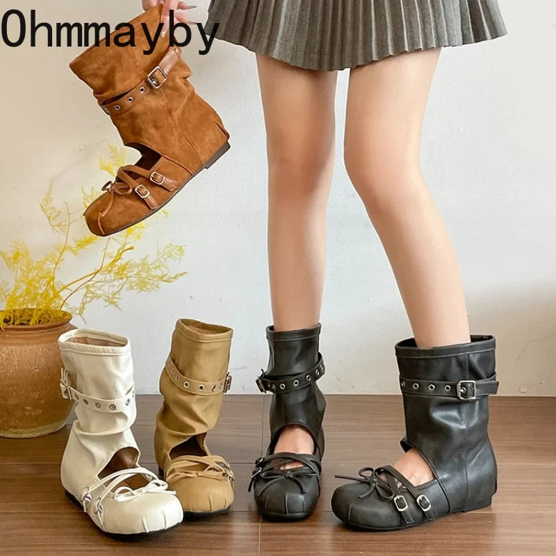 Women's Vintage Hollow Wedge Sandal Boots – Slip-On Western