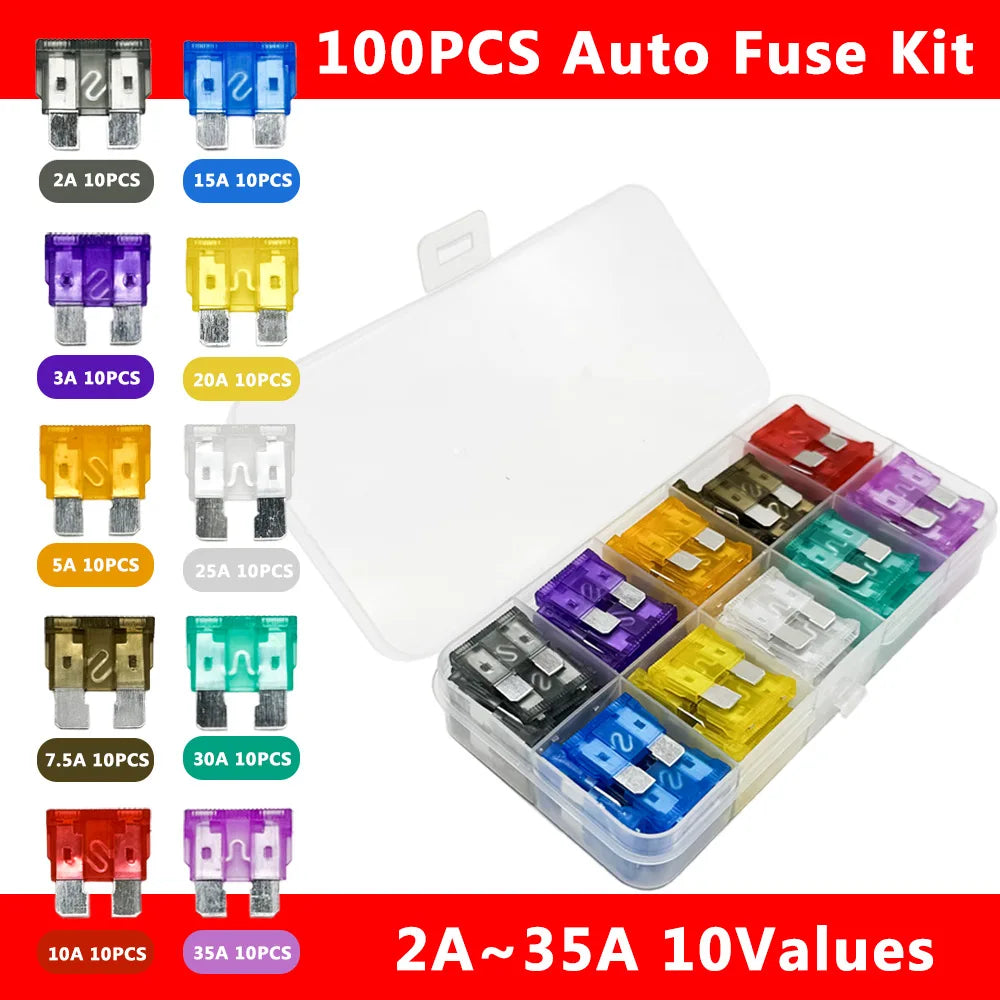 100-Piece Car Blade Fuse Kit 15A–35A with Storage Box | ATC/ATO