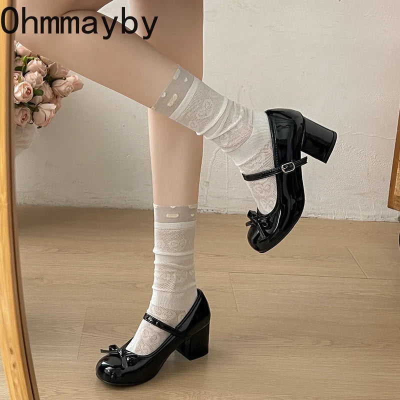 Women's Mary Jane Block Heel Pumps – Buckle Butterfly-Knot