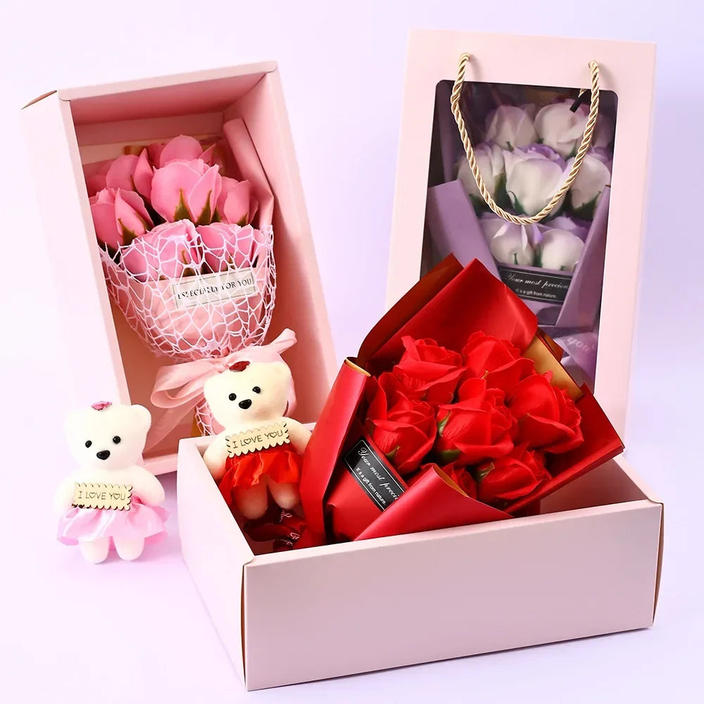 Romantic Fake Rose Bouquet Box Cute Teddy Bear Premium Soap Flower