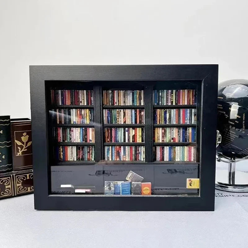 Miniature Wooden Bookshelf Ornament with 200 Mini Books