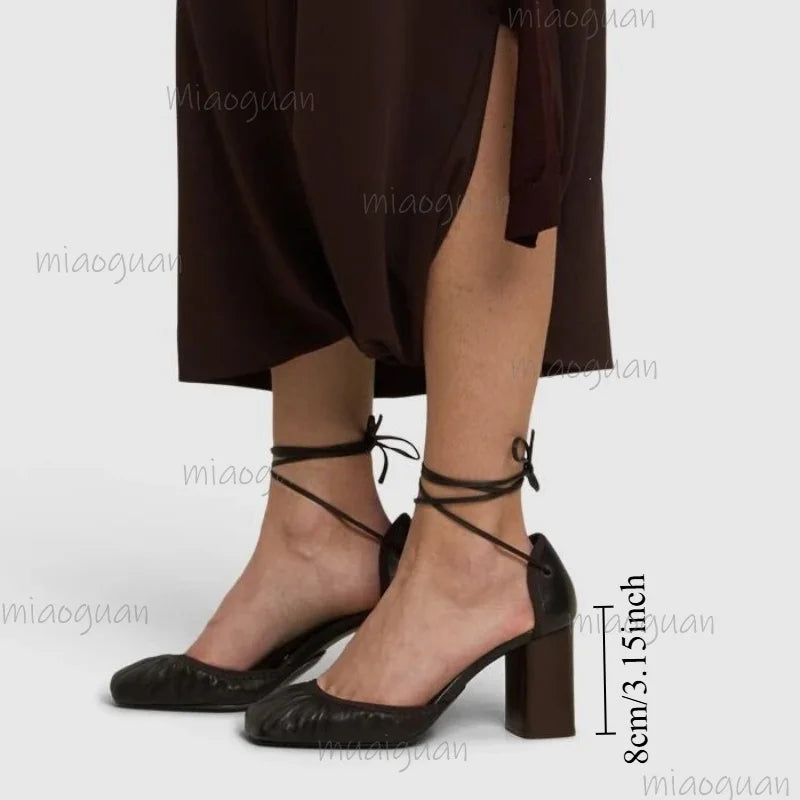 Women's Cross Strap Ballet High Heels – Lace-Up Pleated Pumps