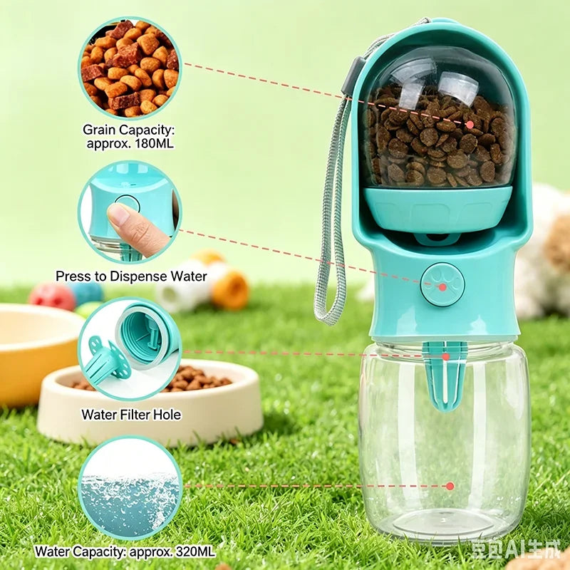 Portable Dog & Cat Water Bottle with Food Storage | Travel Pet Bowl
