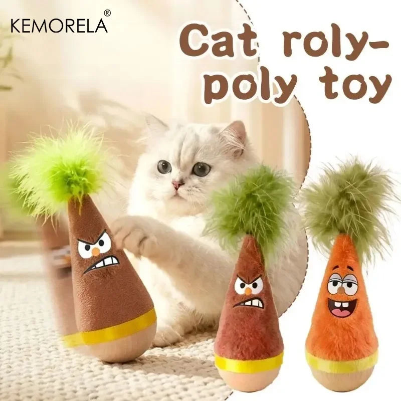 KEMORELA Feather Cat Tumbler Roly-Poly Wooden Toy