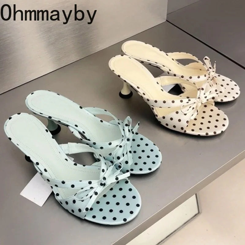Satin Butterfly-Knot Women's Slippers – Polka Dot Block Heels