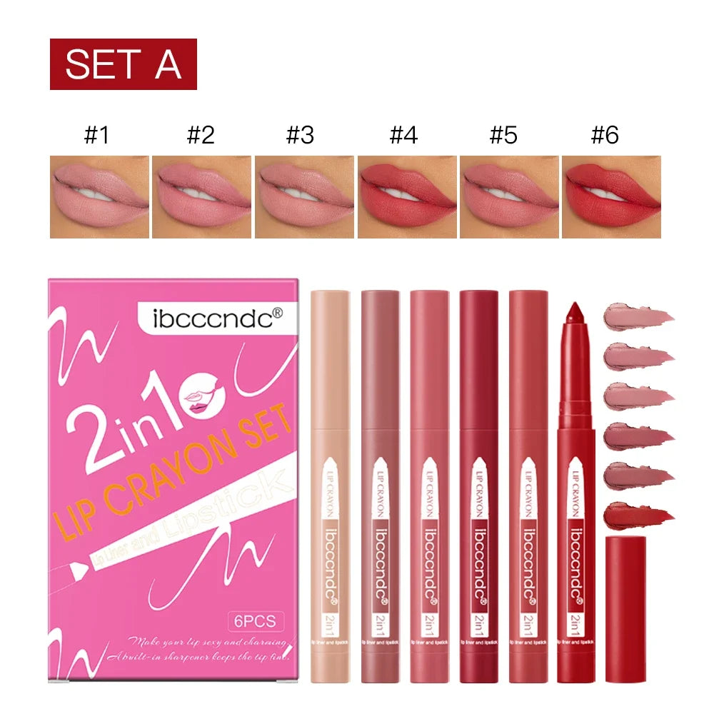 6-Color Matte Lip Crayon Set – 2-in-1 Lip Liner & Lipstick