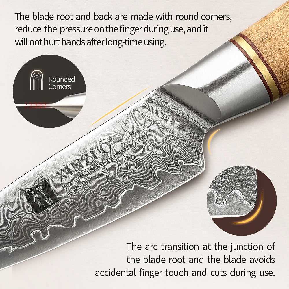 XINZUO 3.5" Damascus Steel Paring Knife – VG10 Core, Olive Wood