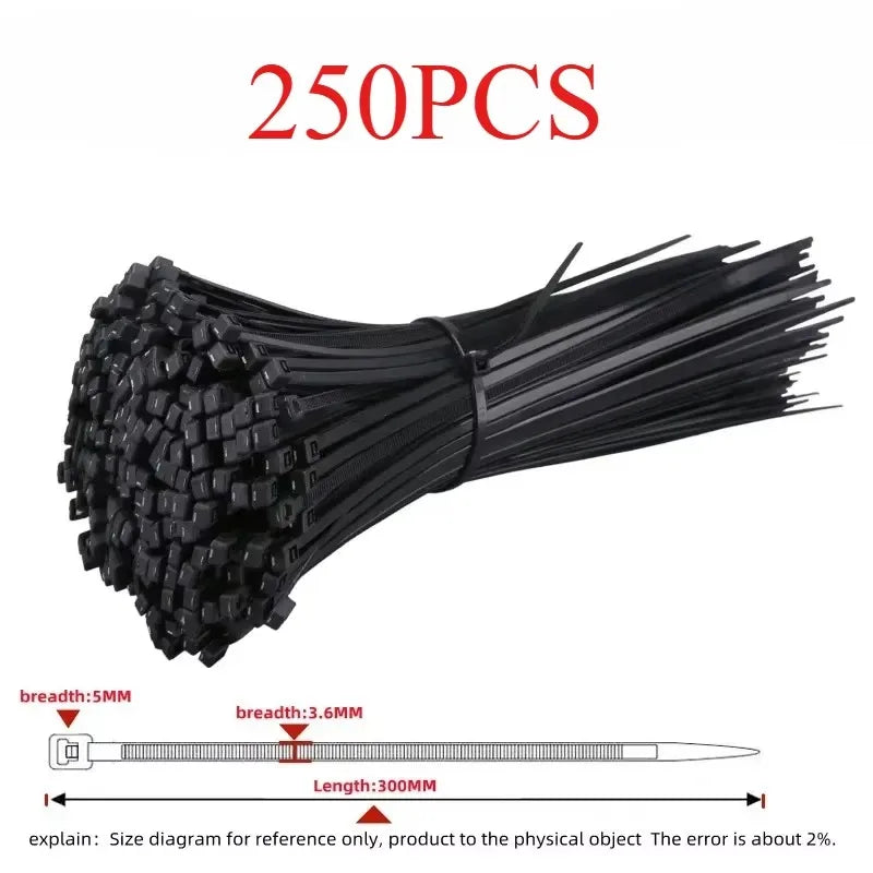 Black Nylon Cable Ties 250PCS – Self-Locking Zip Wrap Straps