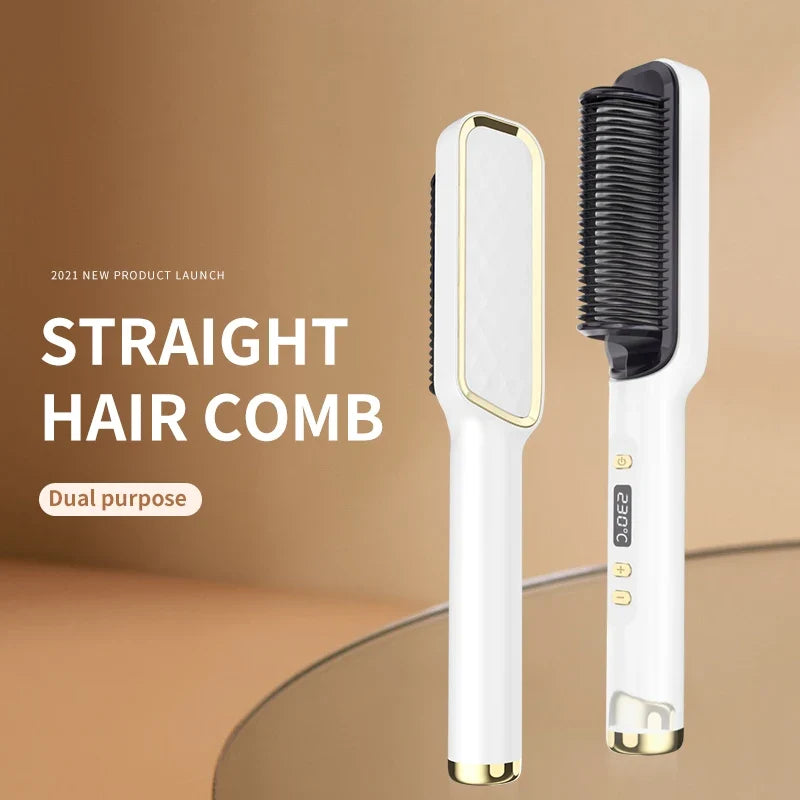 2-in-1 Electric Hair Straightener & Curling Comb LCD Display