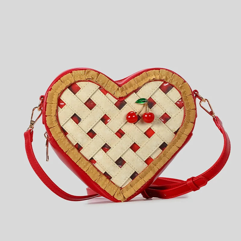 Sweet Love Hearts Shaped Crossbody Bag Women Cute Cherry Ornament Red