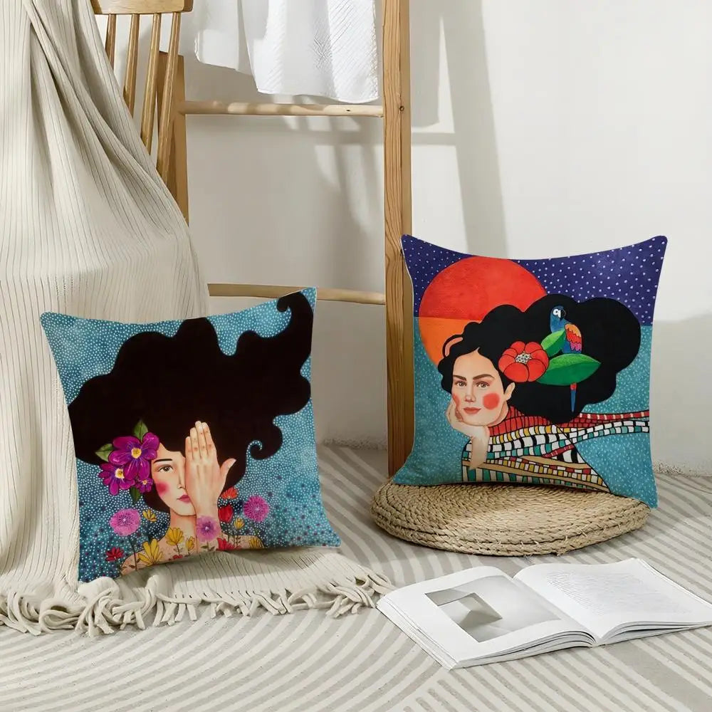 Abstract Girl Hair Flower Linen Cushion Cover | Home Decor