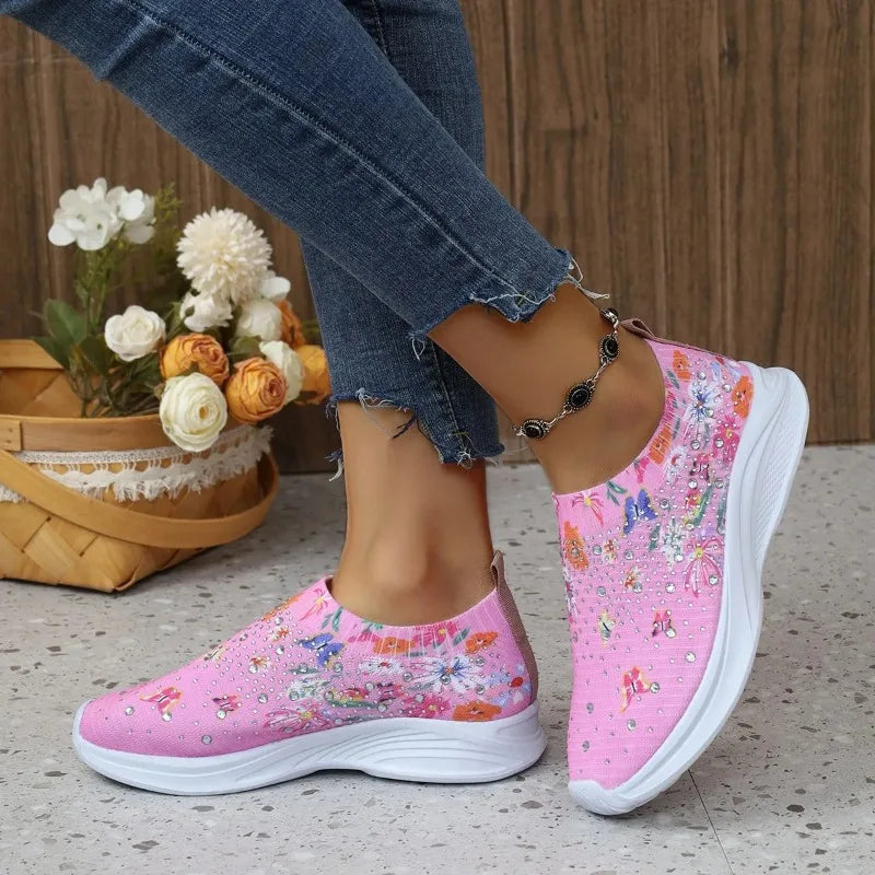 Flower Print Knitted Sneakers – Crystal Slip-On Women's Shoes