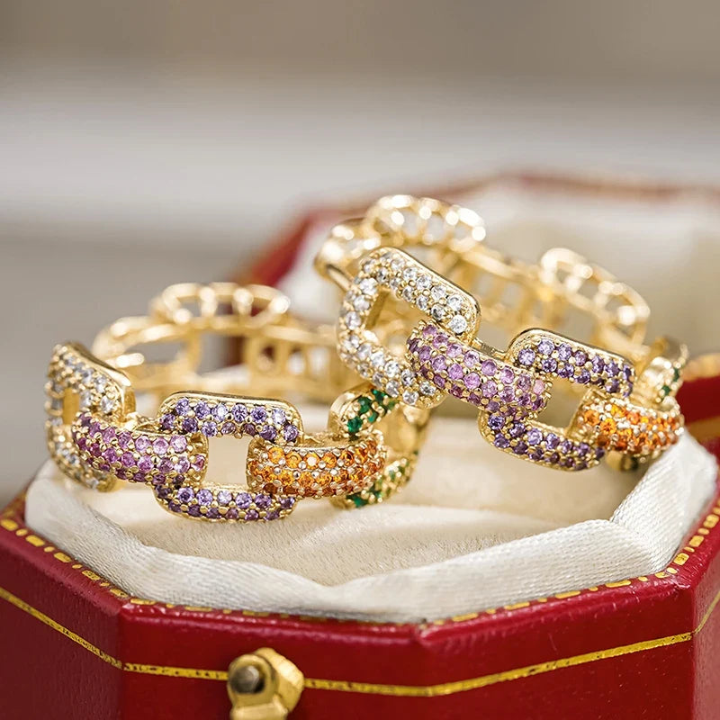 Huitan CZ Hoop Earrings – Gold Chain Linked Circle for Women