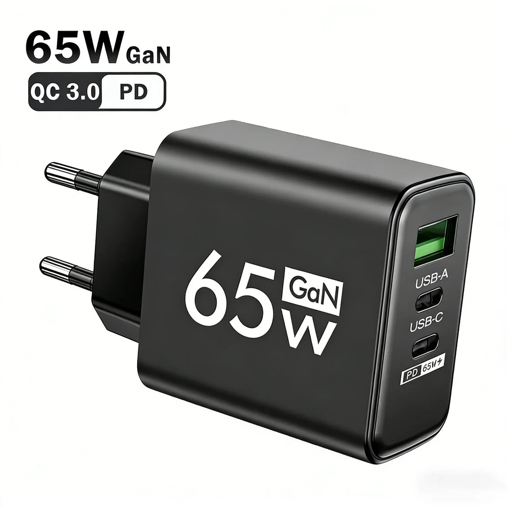 65W GaN USB-C Wall Charger | PD 3.0 & QC 3.0 Multi-Port
