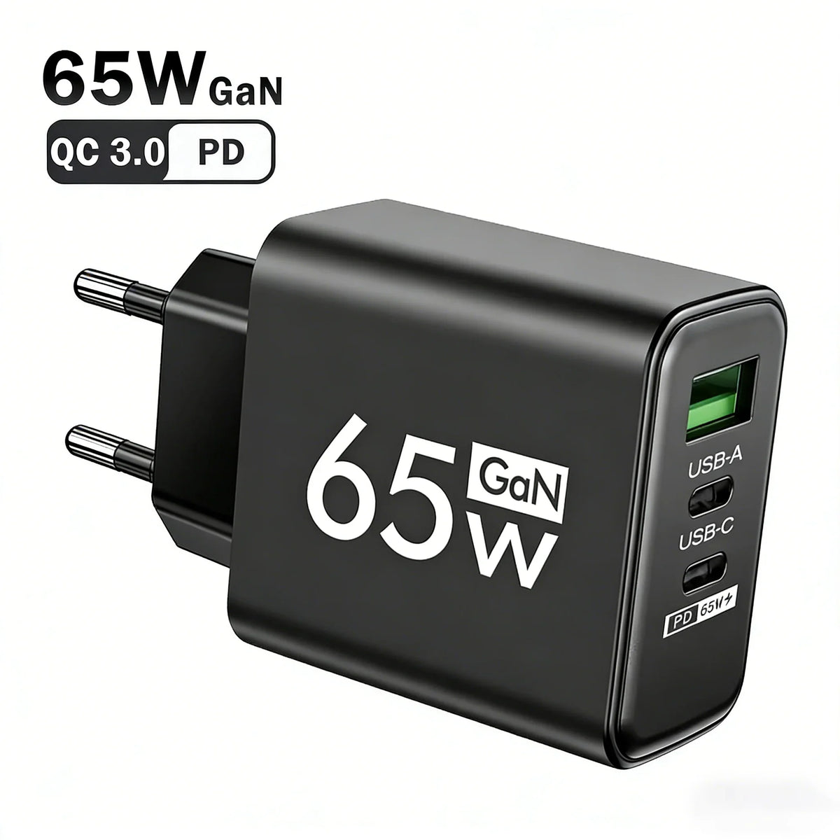 65W GaN 3-Port USB-C PD & QC3.0 Fast Travel Charger