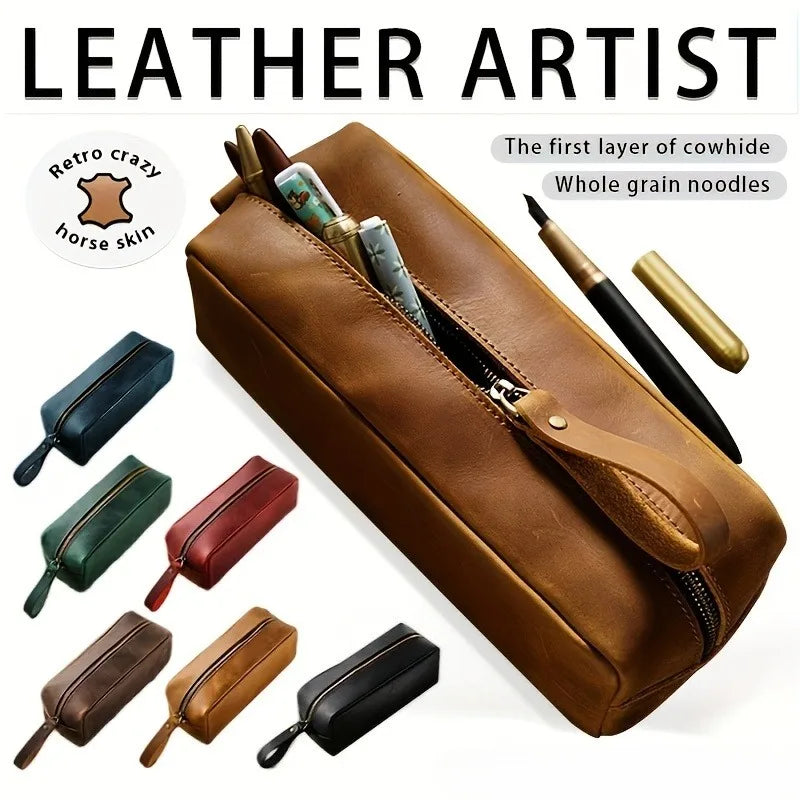 Handmade Full Grain Cowhide Leather Pencil Case & Storage Bag