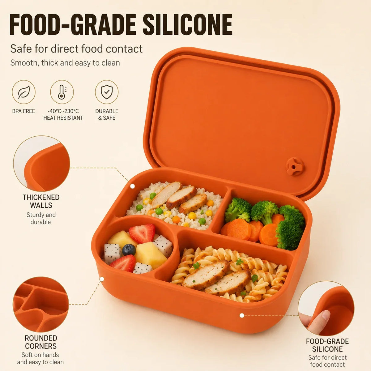Uwhise 770ml Silicone Bento Box | 4-Compartment Lunch Container