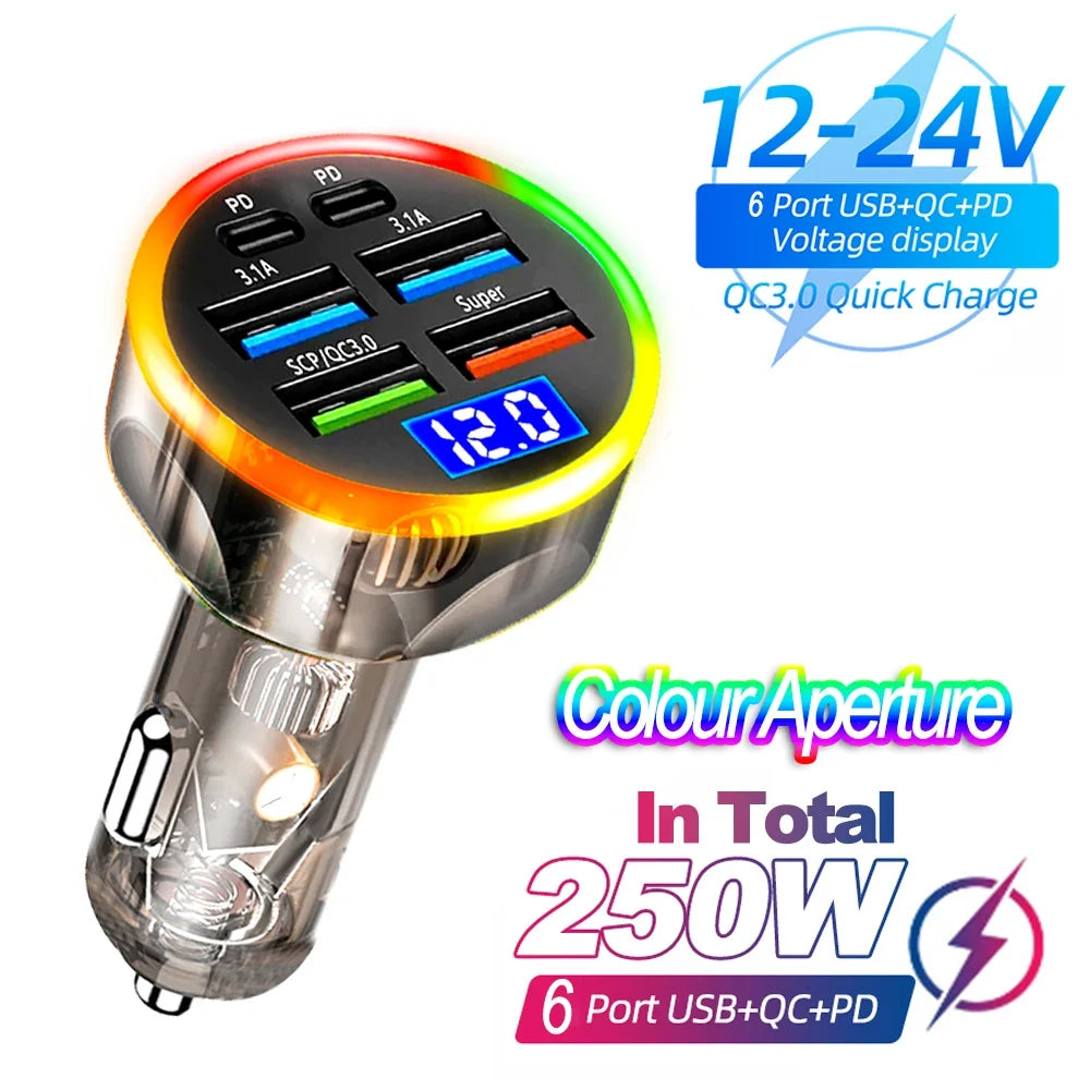200W 6-Port Car Charger PD QC3.0 Fast Charging Digital Display