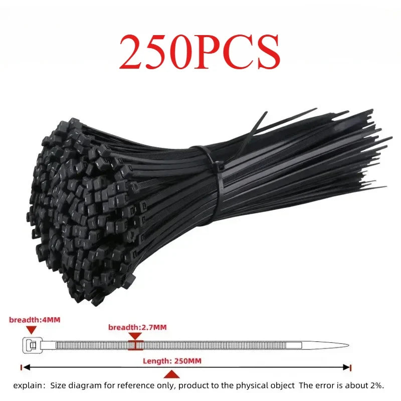 Black Nylon Cable Ties 250PCS – Self-Locking Zip Wrap Straps