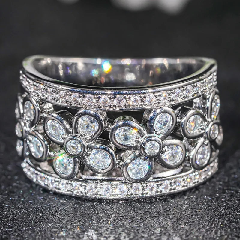 Huitan CZ Flower Ring for Women – Hollow Brass Wedding Band