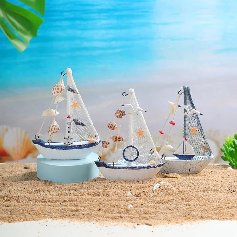 Wooden Sailboat Ornaments Shell Boat Rudder Anchor Lighthouse Seabird