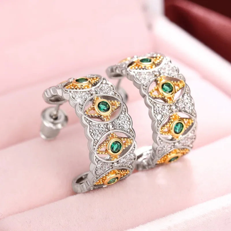 Huitan Two-Tone Hoop Earrings – Green & White Cubic Zirconia