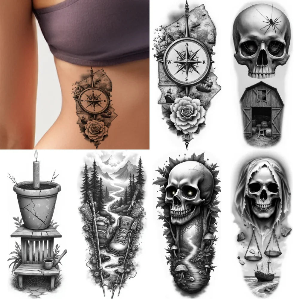 3-Pack Skull & Web Realistic Temporary Tattoos – Black & Grey