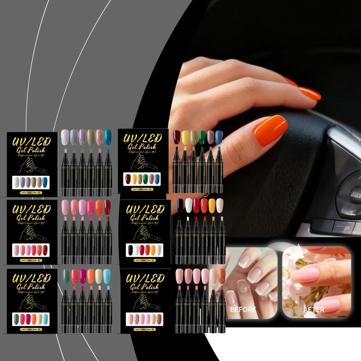 6-Color Gel Nail Art Pen Set | 3-in-1 DIY Manicure Kit
