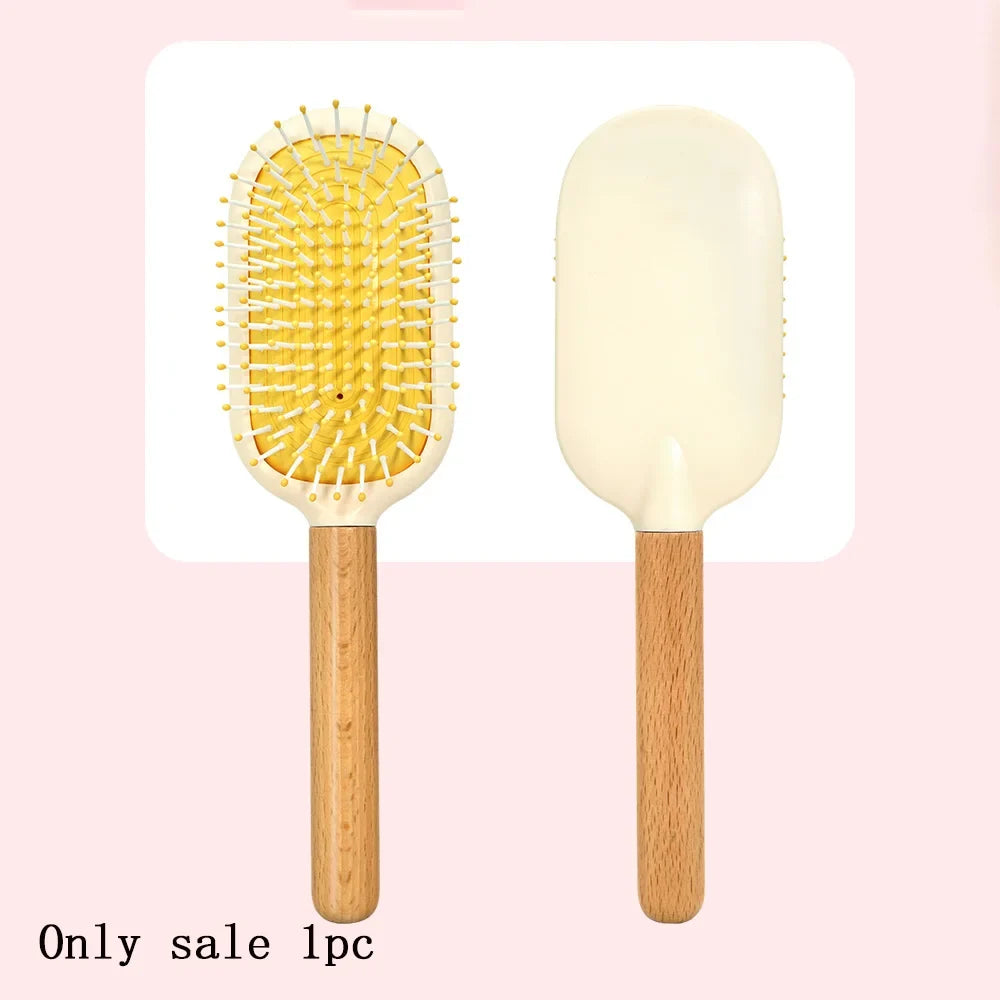 Pastel Air Cushion Hair Brush – Oak Wood Handle & Soft Bristles