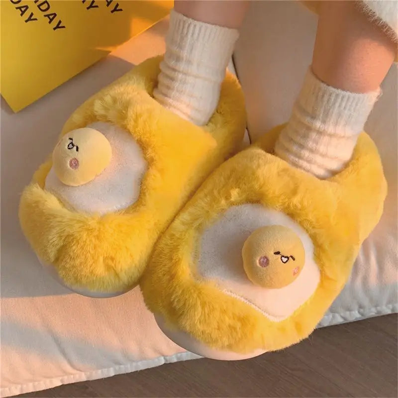 Fried Egg Plush Slippers – Novelty Fleece Indoor Slides Women