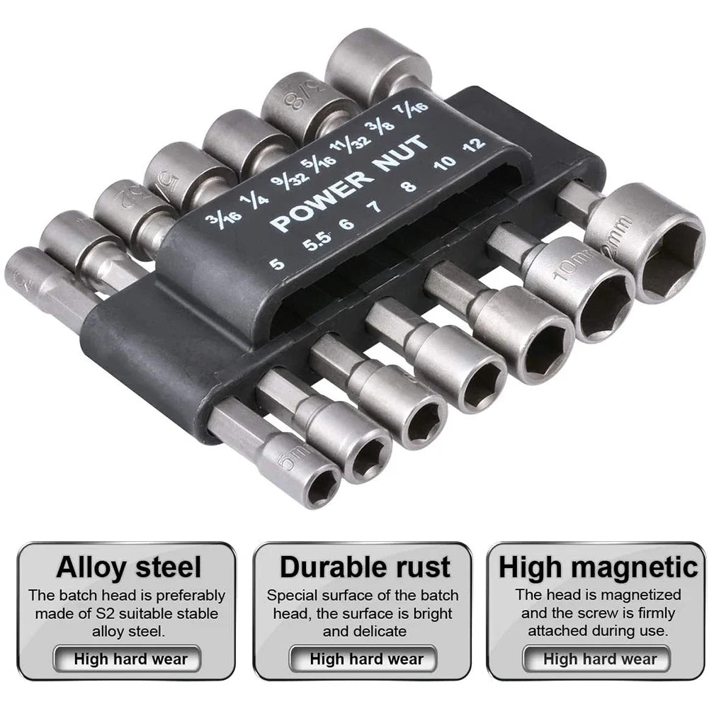 9/14-Pc Hex Nut Driver Socket Bit Set 5–13mm | 1/4" Hex Shank