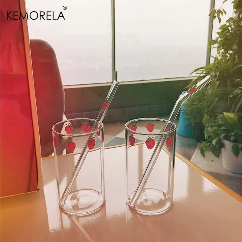 KEMORELA 300ml Cute Glass Cup – Strawberry Orange Design