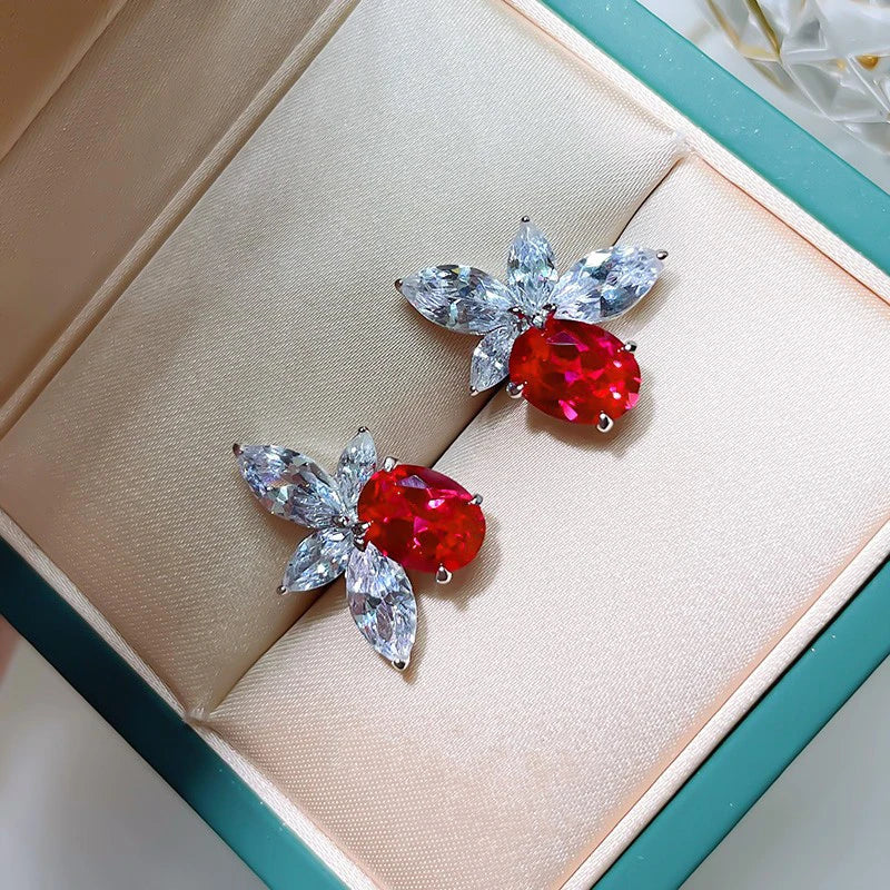 Huitan Red CZ Flower Stud Earrings – Silver-Tone Women's Jewelry