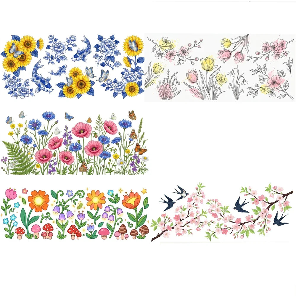 UV DTF Spring Floral Cup Wrap Stickers | Waterproof DIY Decals