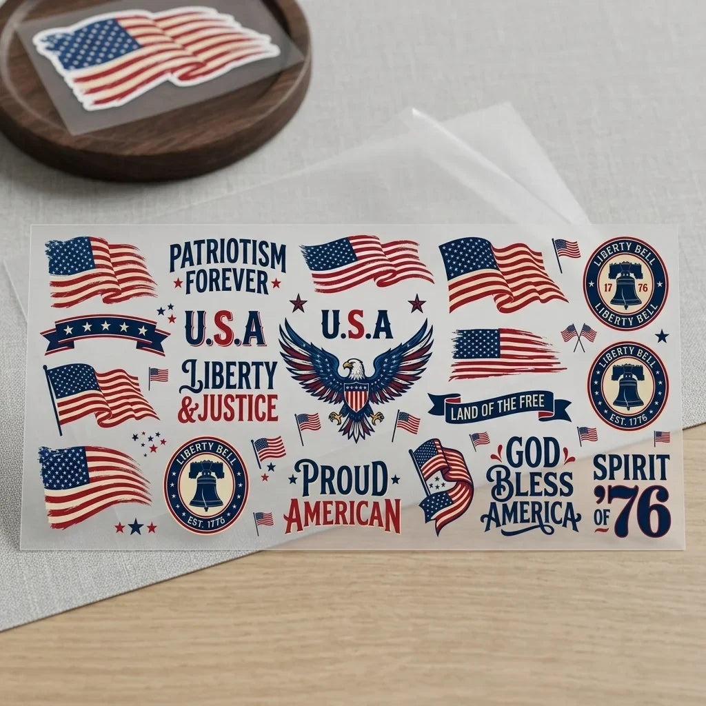 July 4th Patriotic UV Transfer Stickers | USA Flag Eagle Decals
