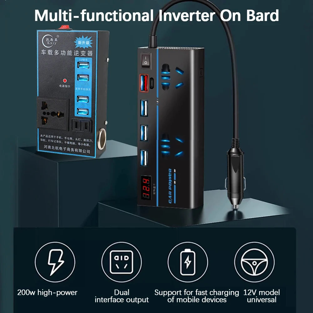 200W Car Power Inverter DC 12V/24V to AC 110V/220V 8-Port