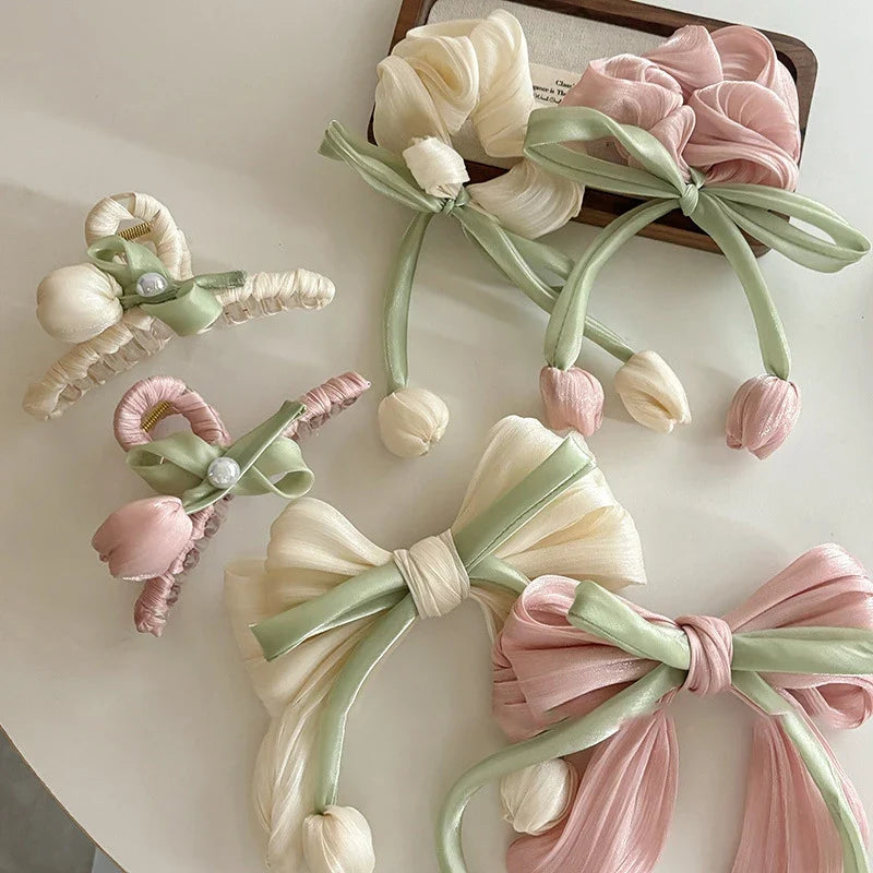 Tulip Ribbon Bow Hair Clip with Tassels – Women & Girls