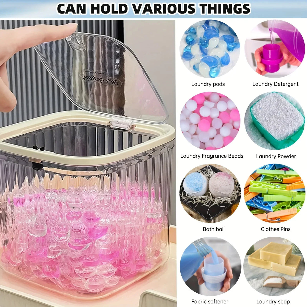 Laundry Capsule Container Detergent Scoop Jar Seal Pop-up Lid